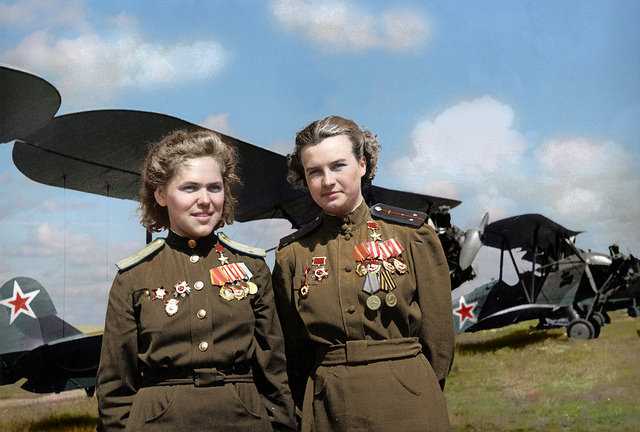 Soviet Air Force officers Rufina Gasheva (848 night combat missions) and Nataly Meklin (980 night combat missions) decorated as Heroes of the Soviet Union for their service with the famed Night Witches unit during World War II.